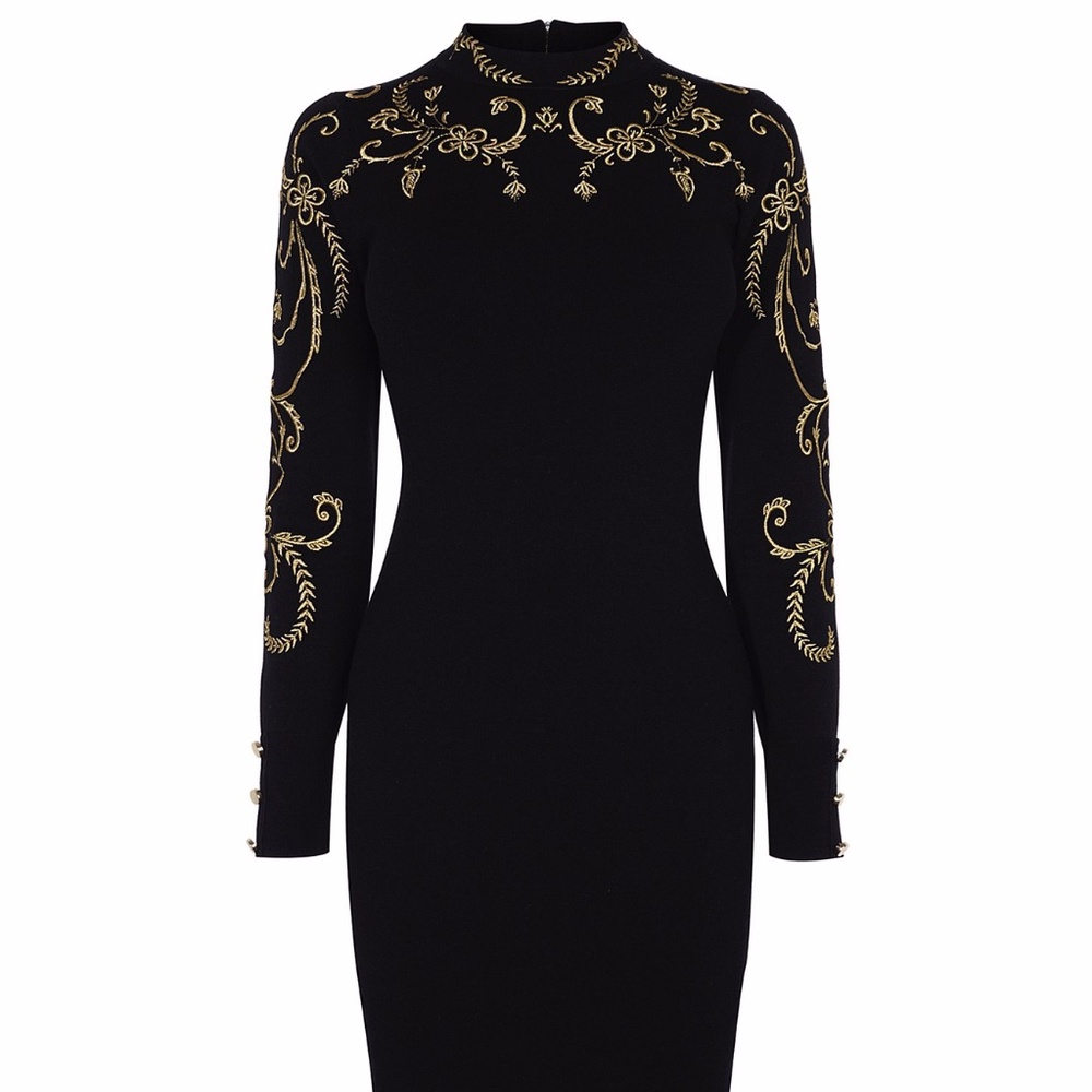 Karen Millen Black & Gold Embroidered Stretch Knit Bodycon Long Sleeve Dress